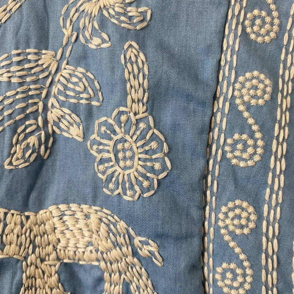 Joy Joy Blue Chambray Embroidered Elephant Boho Ruffle Hem Mini Dress XS - Picture 5 of 8